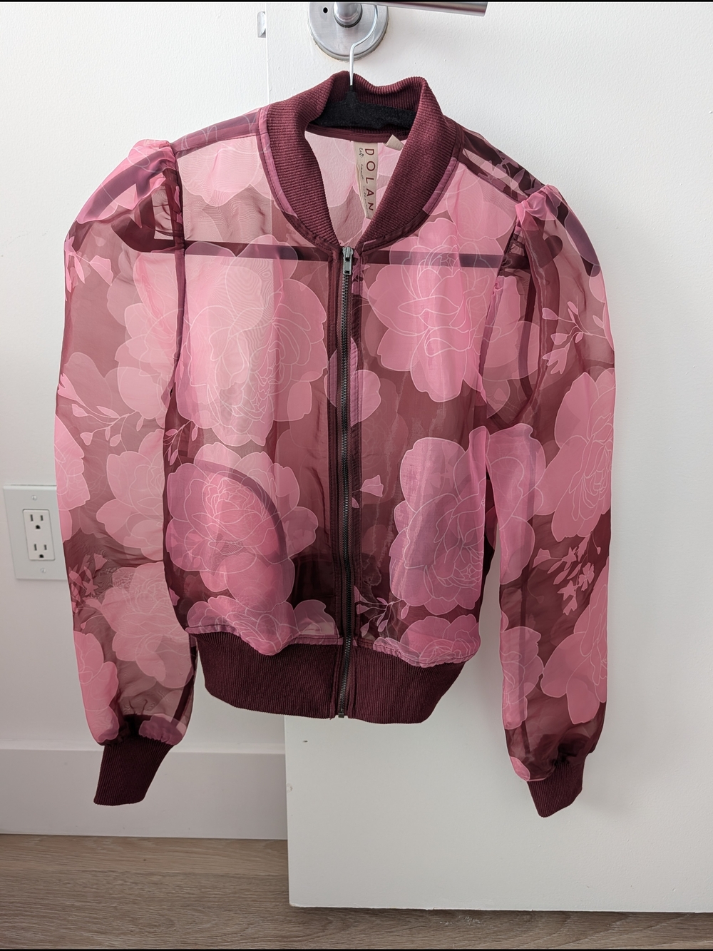 Anthropologie Sheer Organza Bomber Jacket - Pink & Burgundy